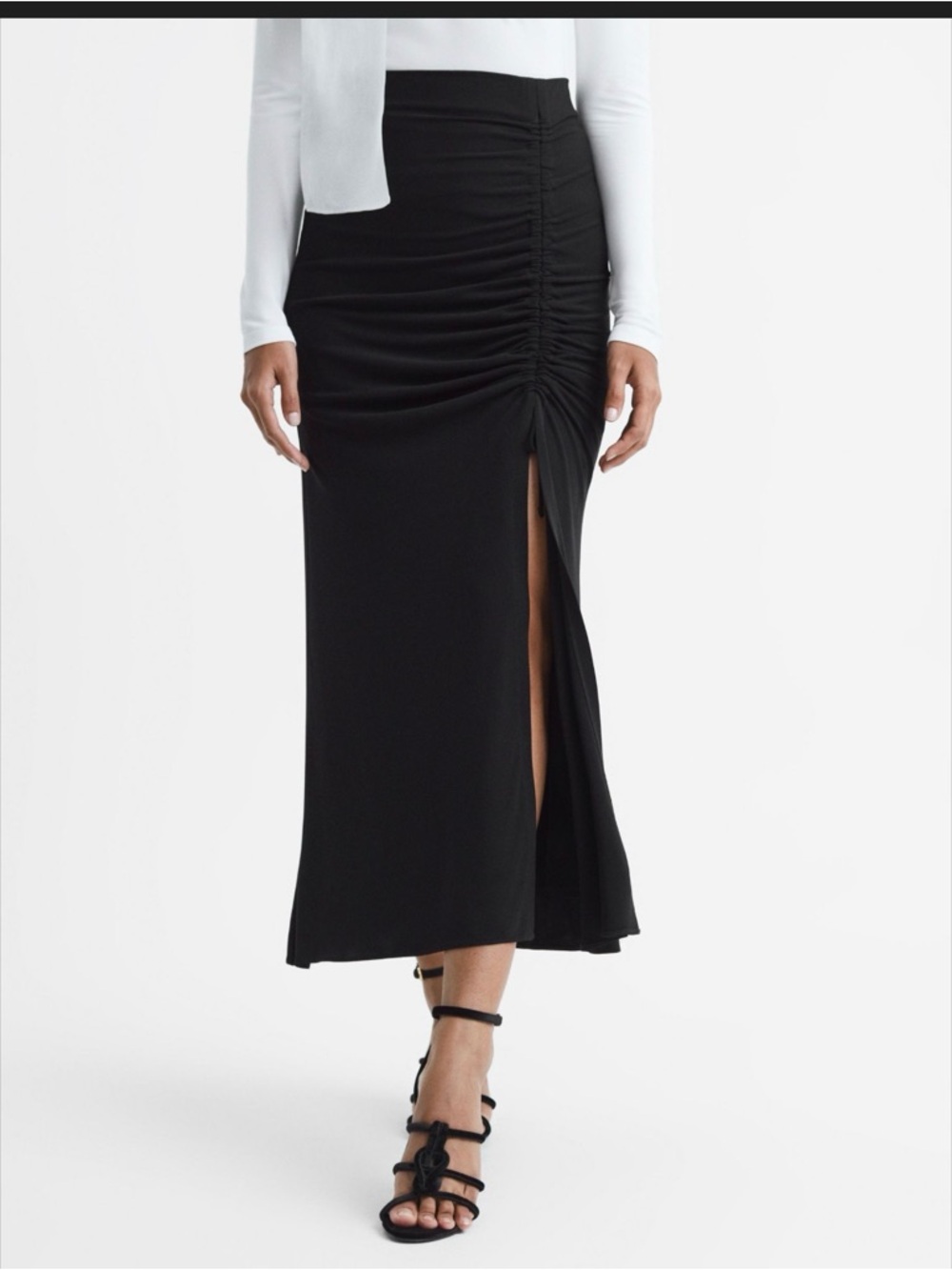 Reiss Black Ruched Side-Slit Maxi Skirt